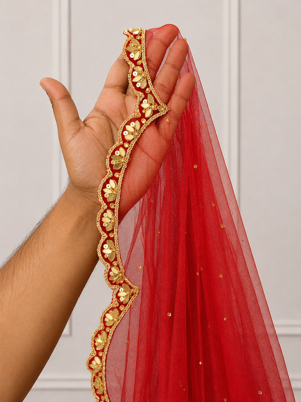 Rajnandini Red Bridal Veil with Mirror Embroidery | V1040 | Wedding Veil