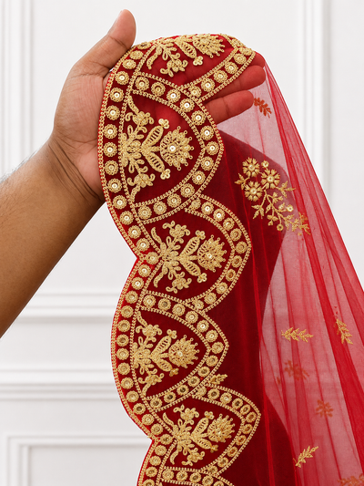Heer Luxury Red Bridal Veil with Royal Gold Embroidered Border | V1016 | Wedding Veil