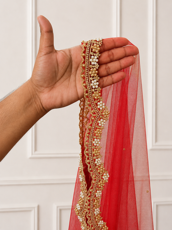 Celeste Red Bridal Veil with premium Embroidery | V1047 | Wedding Veil