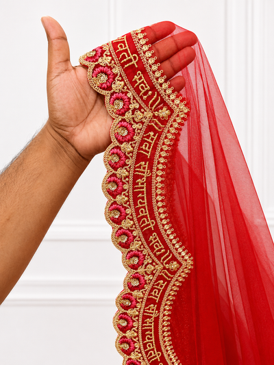 Saubhagyavati Luxury Red Bridal Veil with Signature Gold Embroidered Border | V1012 | Wedding Veil