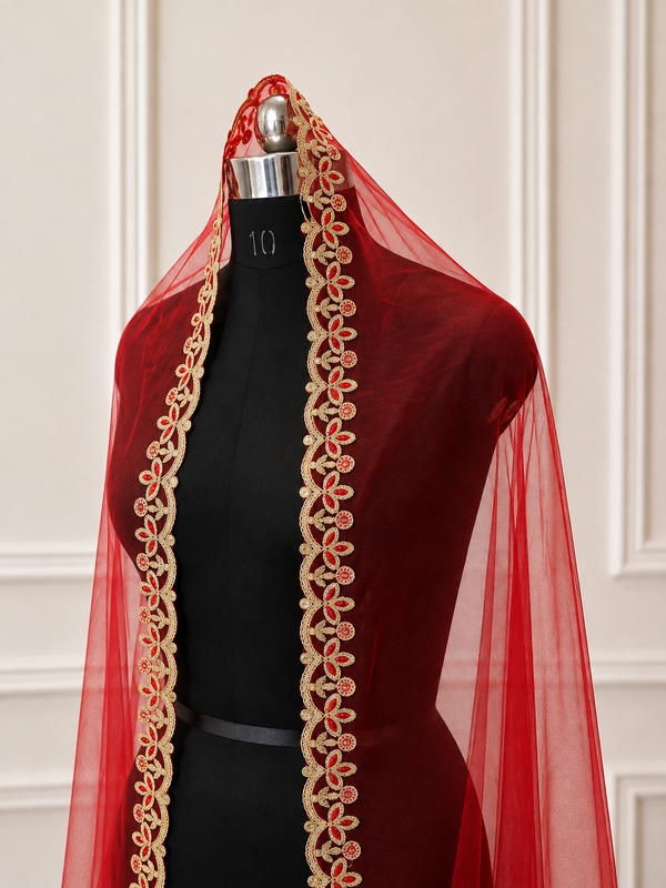 Florabelle Red Bridal Veil with premium Embroidery | V1061 | Wedding Veil
