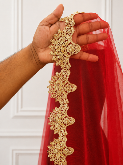 Aaradhya Luxury Red Bridal Veil with Floral Embroidered Border | KYMA India| V1008 | Wedding Veil