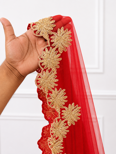 Meher Luxury Red Bridal Veil with Intricate Gold Embroidered Border | V1013 | Wedding Veil