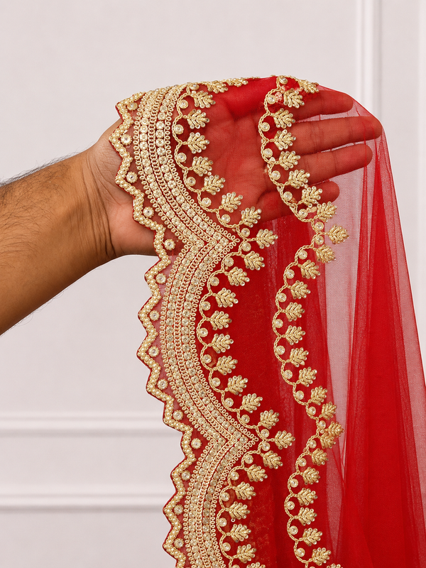 Vanya Red Bridal Veil with Signature Embroidered Border | V1021 | Wedding Veil