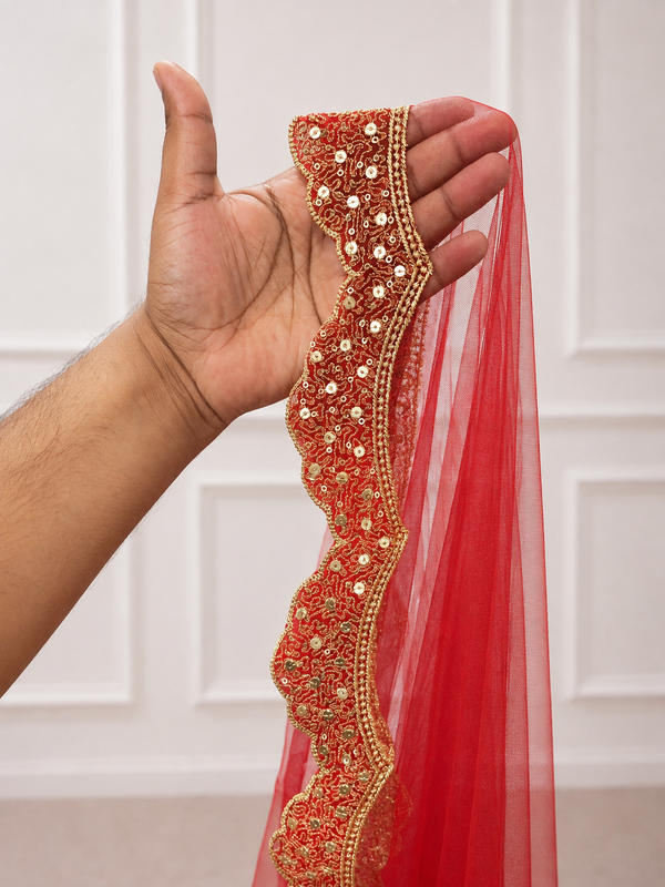 Gulmohar Red Bridal Veil with premium Embroidery | V1042 | Wedding Veil