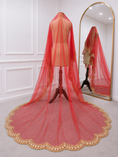 Arabella Red Bridal Veil with premium Embroidery | V1064 | Wedding Veil