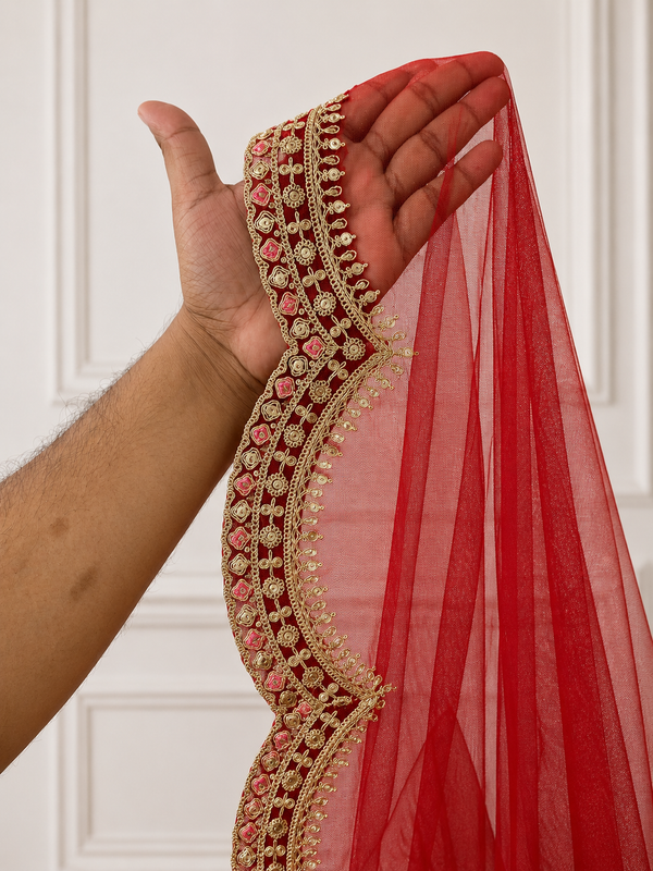 Aadhya Red Bridal Veil with Intricate Embroidered Border | V1022 | Wedding Veil