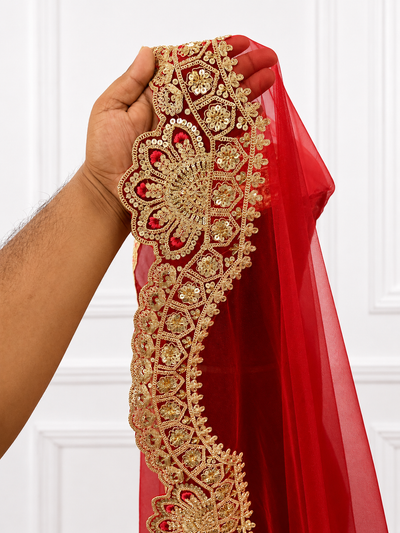 Nirupama Luxury Red Bridal Veil with Royal Embroidered Border| V1007 | Wedding Veil