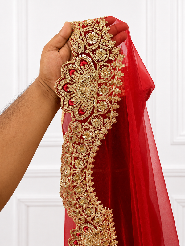 Nirupama Luxury Red Bridal Veil with Royal Embroidered Border  | V1007 | Wedding Veil