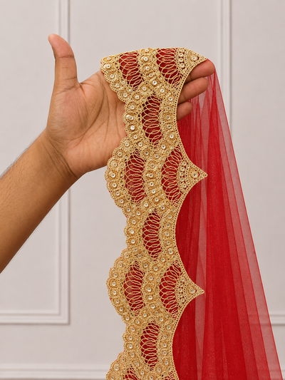 Evara Red Bridal Veil with scallop Embroidered Border | V1029 | Wedding Veil