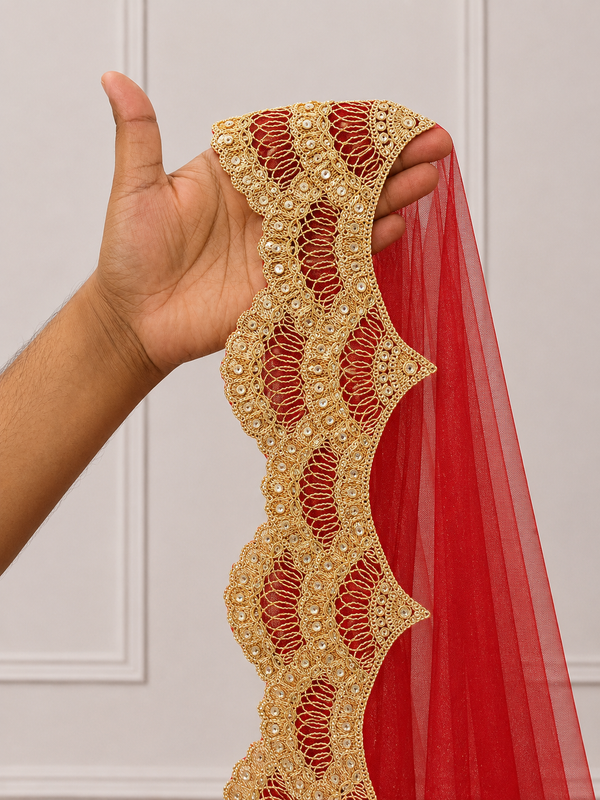 Evara Red Bridal Veil with scallop Embroidered Border | V1029 | Wedding Veil