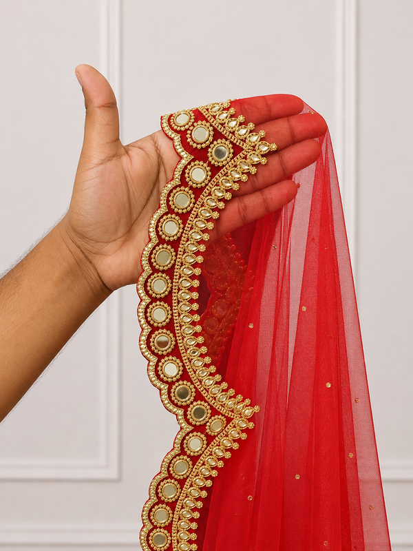 Elara Red Bridal Veil with Embroidery & Mirror Stone Work | V1038 | Wedding Veil