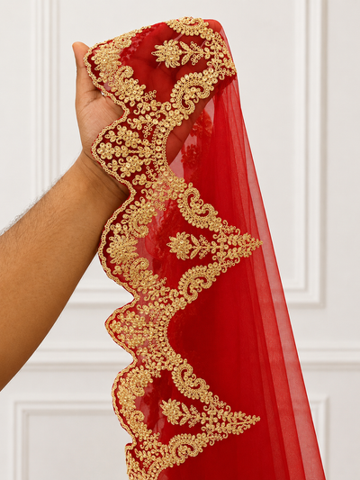Astera Red Bridal Veil with Signature Embroidered Border | V1028 | Wedding Veil