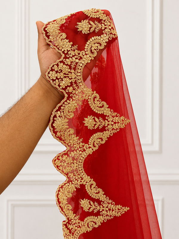 Astera Red Bridal Veil with Signature Embroidered Border | V1028 | Wedding Veil