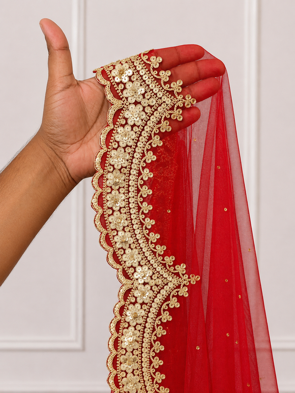 Anvika Red Bridal Veil with Hand Embroidered Border| V1019 | Wedding Veil