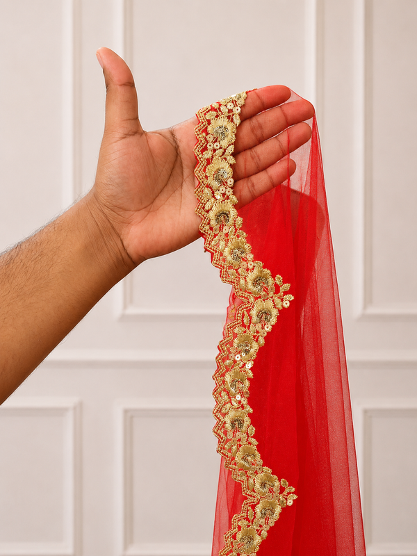Vivian Red Bridal Veil with premium Embroidery | V1057 | Wedding Veil