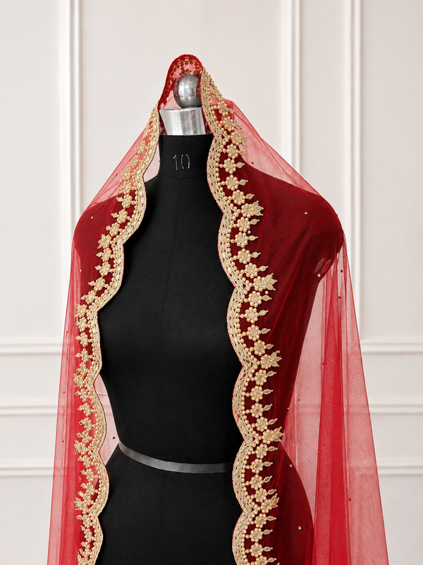 Helena Red Bridal Veil with Premium Embroidery by KYMA India