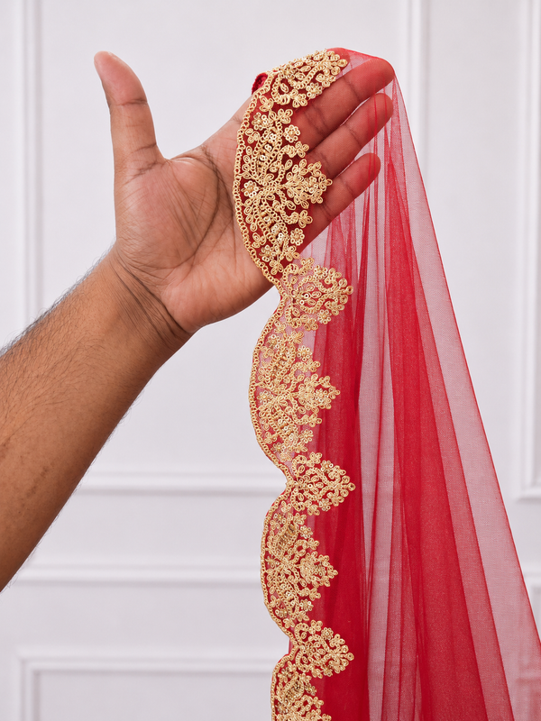 Anvaya Red Bridal Veil with Heritage Gold Embroidered Border | V1032 | Wedding Veil