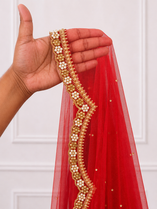 Asteria Red Bridal Veil with Royal Hand Embroidered Border | V1033 | Wedding Veil