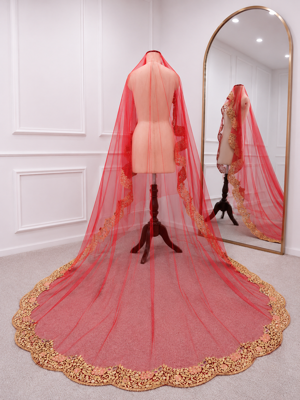 Juliana Red Bridal Veil with premium Embroidery | V1063 | Wedding Veil