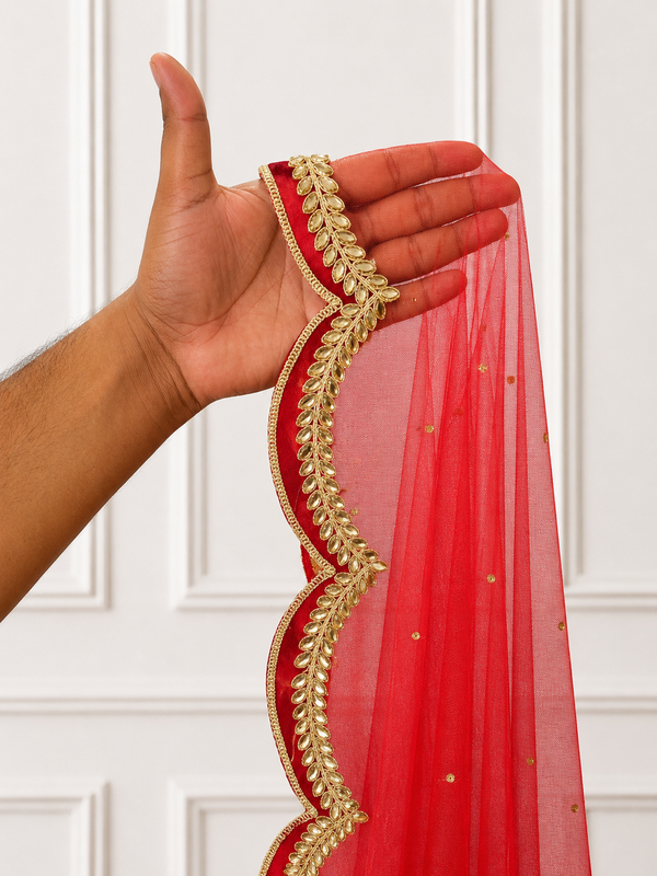 Clara Red Bridal Veil with premium Embroidery | V1051 | Wedding Veil