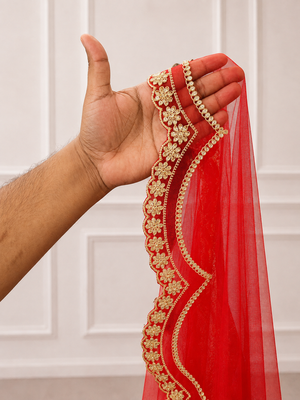 Valentina Red Bridal Veil with premium Embroidery | V1050 | Wedding Veil
