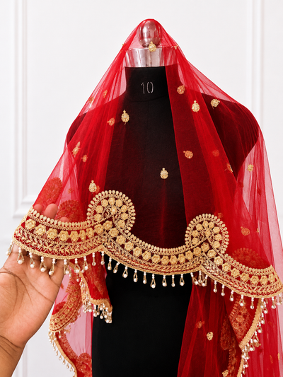 Rajlaxmi Luxury Red Bridal Veil with Pearl Embroidered Border | V1009 | Wedding Veil