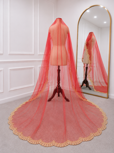 Riwaayat Red Bridal Veil with premium Embroidery | V1044 | Wedding Veil