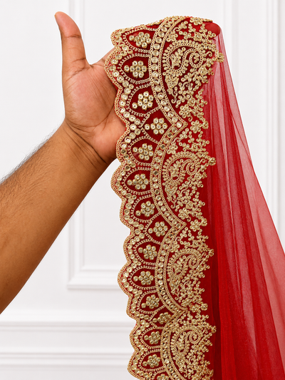 Aarna Red Bridal Veil with Luxury Embroidered Border | V1026 | Wedding Veil
