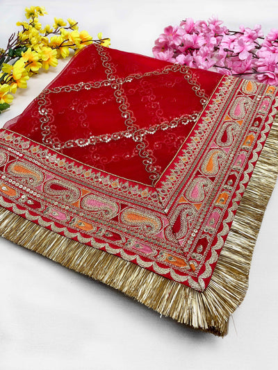 Bridal Satrangi Red Embroidered Fringed Net Dupatta