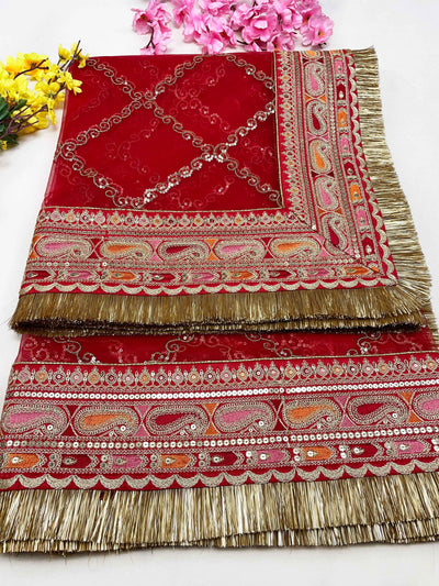 Bridal Satrangi Red Embroidered Fringed Net Dupatta