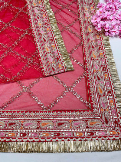 Bridal Satrangi Red Embroidered Fringed Net Dupatta