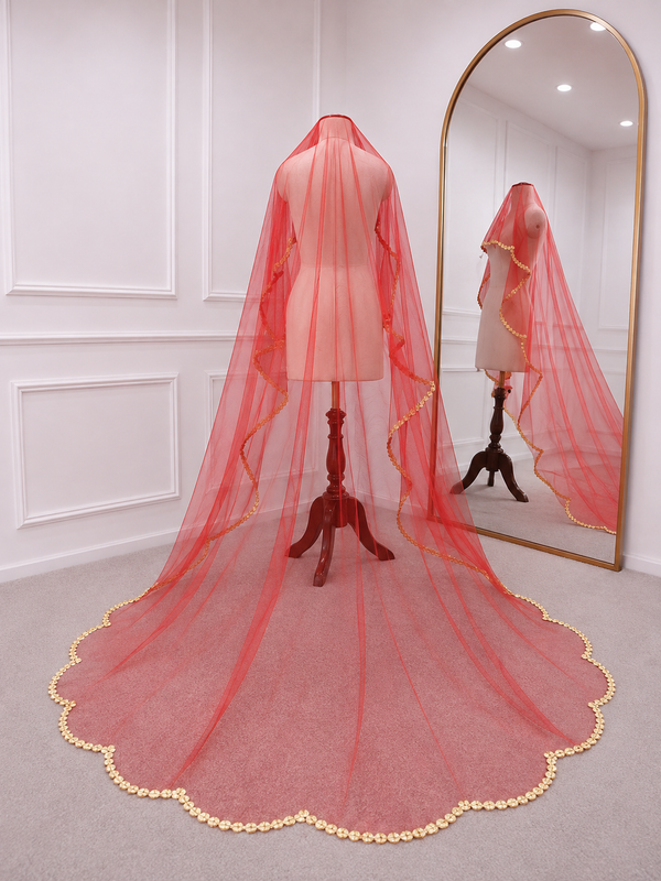 Sajni Red Bridal Veil with premium Embroidery | V1043 | Wedding Veil