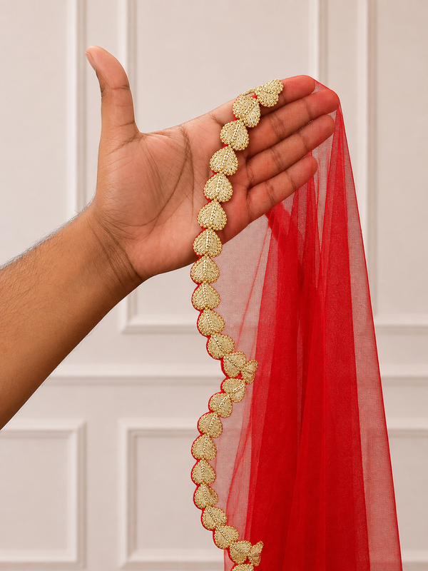 Sajni Red Bridal Veil with premium Embroidery | V1043 | Wedding Veil