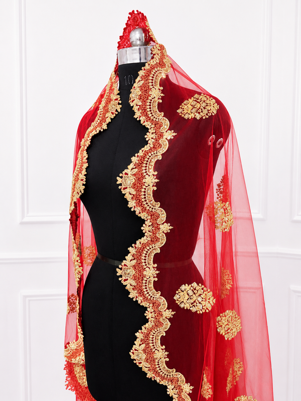 Riwaayat Luxury Red Bridal Veil with Heritage Gold Embroidered Border | V1014 | Wedding Veil