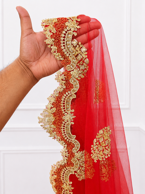 Riwaayat Luxury Red Bridal Veil with Heritage Gold Embroidered Border | V1014 | Wedding Veil