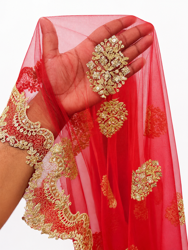 Riwaayat Luxury Red Bridal Veil with Heritage Gold Embroidered Border | V1014 | Wedding Veil