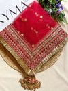 Bridal Kyara Red Embroidered Fringed Net Dupatta