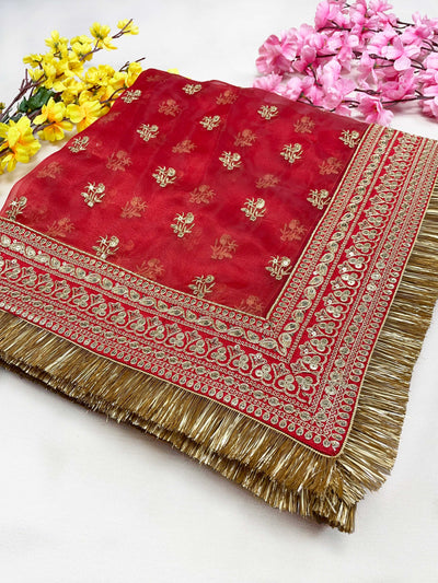 Bridal Mehar Red Embroidered Fringed Organza Dupatta