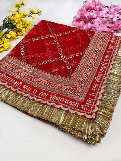 Bridal Shagun Red Embroidered Fringed Net Dupatta