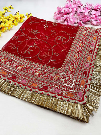 Bridal Surkhi Red Embroidered Fringed Net Dupatta