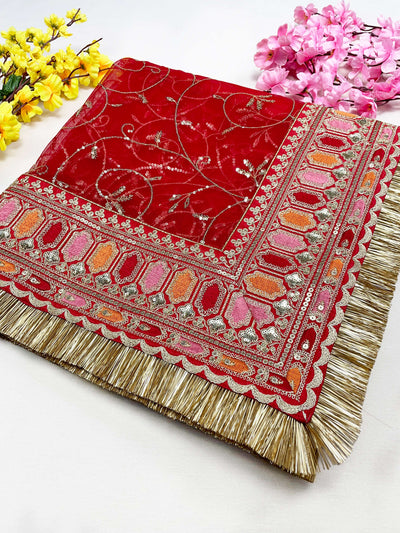Bridal Gulmohar Red Embroidered Fringed Net Dupatta
