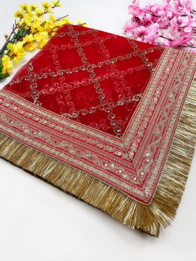 Bridal Anmol Red Embroidered Fringed Net Dupatta