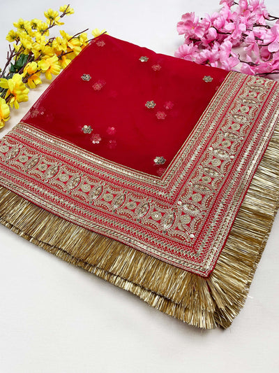 Bridal Preet Red Embroidered Fringed Net Dupatta