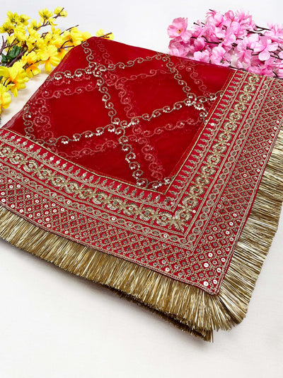 Bridal Aamira Red Embroidered Fringed Net Dupatta