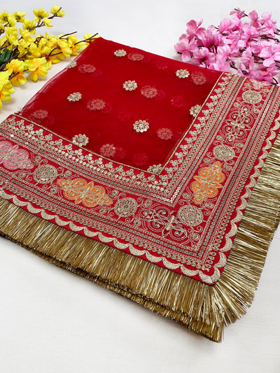 Bridal Mahira Red Embroidered Fringed Net Dupatta
