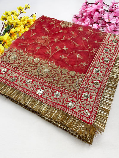 Bridal Kanak Red Embroidered Fringed Organza Dupatta