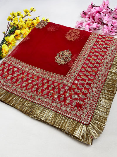 Bridal Khwab Red Embroidered Fringed Net Dupatta