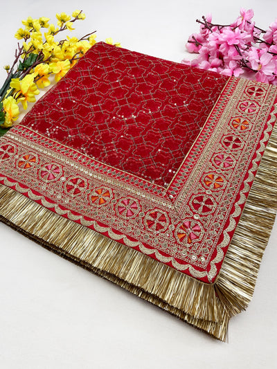 Bridal Mehek Red Embroidered Fringed Net Dupatta