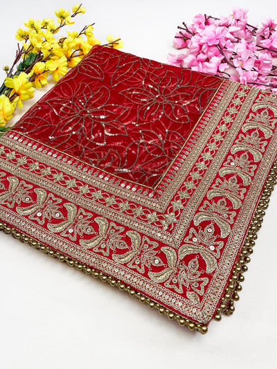 Bridal Virasat Red Embroidered Fringed Net Dupatta